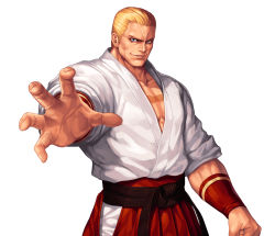 Rule 34 | 1boy, arm at side, blonde hair, blue eyes, collarbone, commentary request, cowboy shot, dougi, evilgun, fatal fury, fingernails, geese howard, hakama, hakama skirt, highres, japanese clothes, looking at viewer, male focus, outstretched arm, parted lips, pectoral cleavage, pectorals, red hakama, short hair, simple background, skirt, smile, smirk, solo, standing, the king of fighters, the king of fighters &#039;96, white background
