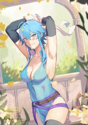 1girl ahoge armor armpits arms_up belt blue_hair blush breastplate breasts brooch cleavage column commission commissioner_upload covered_erect_nipples elbow_gloves falling_petals fence fire_emblem fire_emblem:_genealogy_of_the_holy_war forest gloves headband highres if_they_mated jewelry larcei_(fire_emblem) large_breasts looking_at_viewer nature nintendo original outdoors pelvic_curtain petals pillar popped_collar purple_eyes sash seliph_(fire_emblem) sheath sheathed short_hair shoulder_armor sideboob sidelocks sleeveless smile solo standing sword thighhighs tomboy tunic unworn_armor weapon white_headband yusi_vishnu