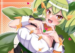 Rule 34 | 1girl, absurdres, alternate breast size, apron, ashikoshi jakushi, breasts, cleavage, collar, dragon girl, dragon horns, dragon tail, dress, duel monster, finger gun, green hair, heart, heart hands, highres, horns, large breasts, long hair, looking at viewer, maid, maid apron, maid headdress, metal collar, open mouth, parlor dragonmaid, puffy sleeves, short sleeves, solo, tail, textless version, yellow eyes, yu-gi-oh!