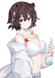 Rule 34 | 1girl, absurdres, animal ears, arknights, bare shoulders, bikini, braid, breasts, brown eyes, brown hair, choker, cleavage, commentary, hair between eyes, highres, holding, jacket, large breasts, looking at viewer, navel, off shoulder, official alternate costume, open clothes, open jacket, rain (rain8649), roberta (arknights), roberta (summer flowers) (arknights), short hair, simple background, smile, solo, stomach, swimsuit, upper body, white background, white bikini, white choker, white jacket