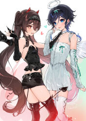 Rule 34 | 1boy, 1girl, absurdres, artist name, black hair, black hairband, black shirt, black shorts, black thighhighs, blue eyes, blue hair, braid, breasts, brown hair, demon horns, detached sleeves, dress, genshin impact, gradient hair, hair between eyes, hair ornament, hairband, halo, highres, horns, hu tao (genshin impact), kkopoli, long hair, midriff, multicolored hair, open mouth, red eyes, shirt, shorts, small breasts, smile, symbol-shaped pupils, thighhighs, tongue, tongue out, trap, twin braids, twintails, venti (genshin impact), white dress, white sleeves, white thighhighs, wings