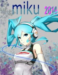 Rule 34 | 1girl, armpit peek, blue eyes, blue hair, breasts, character name, charange, elbow gloves, floating hair, gloves, hatsune miku, headset, highres, leaf, logo, medium breasts, racing miku, racing miku (2014), smile, solo, twintails, vocaloid, white gloves