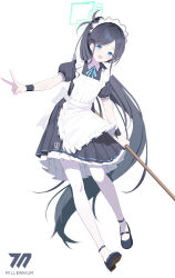 Rule 34 | 1girl, absurdly long hair, absurdres, apron, aris (blue archive), aris (maid) (blue archive), black dress, black footwear, black hair, blue archive, blue eyes, blush, dress, frilled apron, frilled dress, frills, full body, green halo, halo, highres, kuyoumi, long hair, looking at viewer, maid, maid apron, maid headdress, official alternate costume, open mouth, pantyhose, ponytail, puffy short sleeves, puffy sleeves, shoes, short sleeves, simple background, smile, solo, v, very long hair, white apron, white background, white pantyhose