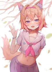 Rule 34 | 1girl, absurdres, animal ear fluff, animal ears, bandaid, bandaid hair ornament, blonde hair, blue eyes, blue skirt, branch, breasts, cropped shirt, dog ears, dog girl, dog tail, fangs, hair ornament, highres, hololive, hololive english, looking at viewer, medium hair, mococo abyssgard, multicolored hair, navel, neckerchief, open mouth, pink hair, pink neckerchief, school uniform, shirt, skirt, small breasts, smile, solo, streaked hair, szuukie, tail, virtual youtuber, waving, white shirt