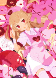 Rule 34 | 1girl, apron, bandaged arm, bandages, blush, doughnut, dress, eggplant, food, hair ornament, harada takehito, hat, heart, highres, holding, holding stuffed toy, light brown hair, long hair, looking at viewer, lying, nail polish, natori sana, nurse cap, on back, open mouth, pink apron, pink hat, rabbit hair ornament, red hair, sana channel, short sleeves, solo, stuffed animal, stuffed rabbit, stuffed toy, stylus, tablet pc, thighhighs, virtual youtuber, white dress, white thighhighs