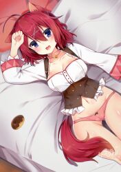 Rule 34 | 1girl, :3, absurdres, ahoge, amairo islenauts, animal collar, animal ears, bed sheet, bell, blue eyes, blush, bow, bow panties, breasts, cameltoe, chinese commentary, cleavage, collar, collarbone, commentary request, corset, doughnut, eyelashes, fang, food, frilled corset, frilled sleeves, frills, gluteal fold, groin, hair between eyes, hair ornament, highres, imoe (1017933989), large breasts, long sleeves, looking at viewer, lying, masaki gaillard, medium hair, navel, neck bell, on back, on bed, open mouth, panties, pink panties, red fur, red hair, signature, smile, solo, stomach, tail, thighs, underwear, wide sleeves, wolf ears, wolf girl, wolf tail, x hair ornament, yuzu-soft