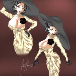 Rule 34 | 1girl, alcina dimitrescu, black hair, breasts squeezed together, breasts, curvy, dilane93, dress, earrings, female focus, flower, gloves, hand on own hip, hat, jewelry, long dress, looking at viewer, mature female, necklace, resident evil, resident evil village, short hair, solo, tall female, tight dress, yellow eyes
