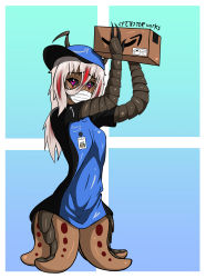 Rule 34 | absurdres, amazon warrior, antenna, arthropod girl, box, breasts, cpt.tester works, hat, highres, long bangs, long hair, looking at viewer, mask, monster girl, name tag, oversized clothes, oversized shirt, peaches (cpt.tester), pink eyes, red eyes, shell, shirt, small breasts, tattoo, white hair