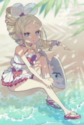 Rule 34 | 1girl, alternate costume, alternate hairstyle, bare legs, beatrice (re:zero), blonde hair, blue eyes, blush, butterfly-shaped pupils, character print, commentary request, drill hair, drill ponytail, eyelashes, floating hair, full body, hair ribbon, highres, long hair, looking at viewer, one-piece swimsuit, parupin, puck (re:zero), re:zero kara hajimeru isekai seikatsu, ribbon, sand, sandals, shore, sidelocks, sitting, solo, swimsuit, symbol-shaped pupils, toes, water, white one-piece swimsuit, white ribbon