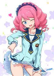 Rule 34 | 10s, 1girl, ;d, aikatsu!, aikatsu! (series), aikatsu stars!, artist name, blue eyes, blue necktie, blue shirt, blush, cleft of venus, clothes lift, collarbone, contrapposto, drill hair, emblem, eyebrows, frilled sleeves, frills, groin, hairband, hand on own thigh, hand on thigh, head tilt, heart, joy ride, leaning forward, lifted by self, lingerie, looking at viewer, micro panties, motion lines, necktie, one eye closed, open mouth, panties, partially visible vulva, pink hair, purple panties, sailor collar, sakuraba rola, shirt, short hair, skirt, skirt lift, smile, solo, sparkle, standing, tsurime, twin drills, underwear, upskirt, white skirt