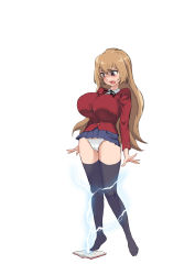 Rule 34 | 1girl, age progression, aisaka taiga, alternate breast size, black thighhighs, book, breasts, brown eyes, brown hair, cameltoe, female focus, growth, highres, large breasts, long hair, magic, non-web source, panties, pleated skirt, school uniform, skirt, solo, thighhighs, toradora!, underwear, white panties