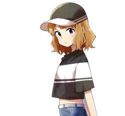 Rule 34 | 1girl, arms behind back, baseball cap, belt, billbung, blue eyes, blush, brown hair, denim, hat, idolmaster, idolmaster million live!, idolmaster million live! theater days, jeans, looking at viewer, pants, short hair, simple background, smile, solo, suou momoko, two-tone shirt
