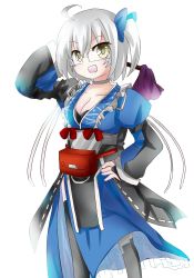 Rule 34 | 1girl, ahoge, breasts, bridal gauntlets, choker, cleavage, collarbone, gender request, genderswap, glasses, hand on own hip, hip focus, japanese clothes, juujiro eru, morichika rinnosuke, open mouth, short hair, side ponytail, simple background, smile, solo, touhou, white hair, yellow eyes