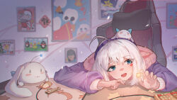 Rule 34 | 1girl, ahoge, animal, animal on head, blue eyes, blurry, blurry background, chair, chromatic aberration, dao fu, desk, drawing (object), gaming chair, glowing, hairband, head rest, heart sticker, highres, holding, hood, hood down, hoodie, indoors, keyboard (computer), light blush, light particles, looking at object, mouse (computer), on desk, on head, open mouth, original, painting (object), pugongying, purple hair, purple hoodie, rabbit, rabbit on head, sitting, solo, star (symbol), sticker on face, swivel chair, teeth, two-sided fabric, upper body, upper teeth only, white hair