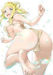 Rule 34 | 1girl, ass, ass focus, bikini, blonde hair, blush, braid, breasts, cameltoe, covered erect nipples, crown braid, from behind, green eyes, hair rings, highres, kntrs (knyrs), large breasts, long hair, looking at viewer, looking back, love live!, love live! sunshine!!, ohara mari, open mouth, partially visible vulva, shiny skin, side-tie bikini bottom, smile, solo, striped bikini, striped clothes, swimsuit, teeth, water drop, wet