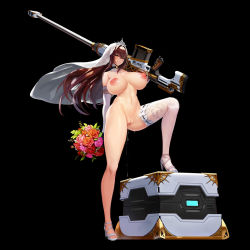 Rule 34 | 1girl, anti-materiel rifle, black background, blush, bouquet, breasts, breasts apart, brown hair, choker, cleft of venus, collar, crate, detached collar, elbow gloves, feet, female focus, floating hair, flower, functionally nude, gloves, grin, groin, gun, hand up, heart, heart choker, high heels, holding, holding bouquet, holding weapon, large areolae, large breasts, last origin, legs, long hair, looking at viewer, mr.yun, navel, nipples, no panties, orange eyes, over shoulder, parted lips, pussy, pussy juice, pussy juice trail, rifle, rose, royal arsenal, single thighhigh, smile, sniper rifle, solo, standing, tachi-e, thighhighs, thighs, third-party edit, toes, uncensored, veil, weapon, wet