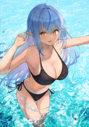 Rule 34 | 1girl, :d, absurdres, bikini, black bikini, blue hair, breasts, cleavage, happy, highres, hololive, in water, large breasts, looking at viewer, navel, open mouth, pointy ears, smile, solo, splashing, swimsuit, thigh gap, thighs, virtual youtuber, wet, xyunx, yellow eyes, yukihana lamy