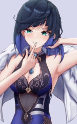 Rule 34 | 1girl, absurdres, aqua eyes, arm up, armpits, bare arms, bare shoulders, black hair, blue hair, blue lips, blunt bangs, blush, breasts, cleavage, commentary, genshin impact, grey background, grin, hand in own hair, hand up, highres, jacket, jacket on shoulders, looking at viewer, multicolored hair, parted lips, short hair, simple background, sleeveless, smile, solo, takayou, upper body, white jacket, yelan (genshin impact)