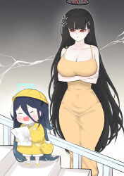 Rule 34 | 2girls, absurdly long hair, aged down, alternate costume, anger vein, angry, aris (blue archive), bag, black hair, blue archive, blunt bangs, breasts, collarbone, commentary request, crossed arms, crying, dress, full body, hair between eyes, hair ornament, hairclip, halo, hat, highres, holding, holding paper, kindergarten uniform, large breasts, long bangs, long hair, long sleeves, looking at another, mother and daughter, multiple girls, one side up, orange dress, paper, parted lips, red eyes, rio (blue archive), school bag, school hat, shoulder bag, sidelocks, simple background, stairs, standing, test score, very long hair, yosik