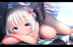 Rule 34 | 10s, 1girl, bad id, bad pixiv id, beach, blanket, blonde hair, blue eyes, blue sky, cloud, crossed arms, day, highres, kantai collection, letterboxed, looking at viewer, lying, ocean, on side, outdoors, rerrere, ro-500 (kancolle), school swimsuit, shade, sky, slippers, smile, solo, sun, sweat, swimsuit, tan, tanline