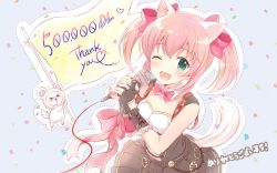 Rule 34 | alternative girls, animal ears, blush, cat ears, gloves, hair ribbon, highres, mano sakurako, microphone, neck ribbon, official art, open mouth, pink hair, ribbon, sleeveless, smile, solo, tail, thank you, twintails