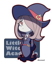 Rule 34 | 10s, 1girl, belt, blue ribbon, chibi, collar, collared shirt, copyright name, dress, english text, expressionless, eyebrows, full body, hair over one eye, hat, kurono, light purple hair, little witch academia, long hair, long sleeves, looking at viewer, neck ribbon, outline, pale skin, red eyes, ribbon, school uniform, shirt, sleeves past wrists, solo, standing, sucy manbavaran, swept bangs, twitter username, white background, wide sleeves, witch hat