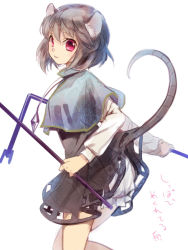 Rule 34 | 1girl, animal ears, bloomers, capelet, clothes lift, dowsing rod, dress, dress lift, female focus, grey hair, holding, jewelry, light smile, miyuki ruria, mouse ears, mouse tail, nazrin, necklace, red eyes, short hair, simple background, solo, tail, touhou, underwear, white background