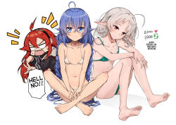 Rule 34 | 3girls, ahoge, arrow (symbol), ass, barefoot, bikini, black hairband, black jacket, blue eyes, blue hair, braid, breasts, clenched hand, closed mouth, elf, english text, eris greyrat, green bikini, grey hair, hair between eyes, hairband, heart, jacket, knees up, long hair, low twintails, meme, multiple girls, mushoku tensei, nakatokung, navel, notice lines, parted bangs, pointy ears, red eyes, red hair, roxy migurdia, shadow, simple background, sitting, small breasts, smile, soles, swimsuit, sylphiette (mushoku tensei), twin braids, twintails, twitter strip game (meme), v-shaped eyebrows, very long hair, wavy mouth, white background, white bikini