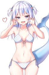 Rule 34 | 1girl, :d, bad id, bad pixiv id, bare shoulders, beliatan, bikini, blue eyes, blunt bangs, blush, breasts, claw pose, collarbone, commentary request, cowboy shot, fangs, female focus, fins, fish tail, front-tie bikini top, front-tie top, gawr gura, gluteal fold, groin, hair ornament, halterneck, hands up, heart, highres, hololive, hololive english, long hair, looking at viewer, multicolored hair, navel, open mouth, polka dot, polka dot bikini, shark girl, shark hair ornament, shark tail, side-tie bikini bottom, small breasts, smile, solo, streaked hair, string bikini, swimsuit, tail, teeth, two side up, virtual youtuber, white background