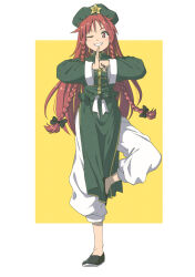 Rule 34 | 1girl, ;d, adapted costume, beret, braid, commentary request, dress, gold trim, green dress, green hat, grin, hair ribbon, hat, hat ornament, highres, hong meiling, inuno rakugaki, light blush, long hair, long sleeves, looking at viewer, no socks, one eye closed, open mouth, own hands together, pants, red eyes, red hair, ribbon, simple background, smile, solo, standing, standing on one leg, star (symbol), star hat ornament, touhou, tress ribbon, twin braids, very long hair, white background, white pants, wide sleeves, yellow background