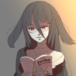 Rule 34 | 10s, 1girl, bandaged neck, bandages, black hair, book, english text, glasses, gradient background, hair between eyes, irony, long hair, onsen tamago (hs egg), rag, reading, red eyes, simple background, solo, the zombie survival guide, yamada tae, zombie, zombie land saga