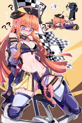 Rule 34 | !?, 1girl, 1other, absurdres, arknights, arms behind back, bagpipe (arknights), bagpipe (queen no. 1) (arknights), belt pouch, bicycle, bike dildo, bikini, bikini top only, black bikini, black headwear, blue footwear, blue shorts, blunt bangs, blush, boots, bottle, bound, bound wrists, breasts, brown background, checkered flag, chinese commentary, cleavage, commentary, confused, counting sheep, cropped jacket, detached sleeves, dildo, doctor (arknights), dragon horns, dripping, drooling, english commentary, flag, full body, gloom (expression), hat, highres, horns, imazawa, jacket, long hair, looking down, lying, medium breasts, microskirt, mixed-language commentary, navel, nervous sweating, no panties, notice lines, official alternate costume, on side, open fly, open mouth, orange hair, partially unzipped, pointy ears, pouch, purple eyes, pussy, race queen, restrained, ringed eyes, rope, saliva, see-through, see-through sleeves, sex machine, sex toy, short shorts, shorts, showgirl skirt, sidelocks, skirt, sleeping, solo focus, spread legs, stomach, straight hair, string bikini, surprised, sweat, swimsuit, tearing up, tears, thigh boots, thigh strap, thighhighs, thighhighs under boots, thighs, uncensored, white jacket, white thighhighs, yellow background, yellow skirt