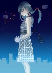 Rule 34 | 1girl, absurdres, aqua hair, bad id, bad pixiv id, closed eyes, dress, giant, giantess, gloves, hatsune miku, highres, own hands clasped, own hands together, solo, urbandusk, vocaloid