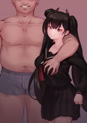 Rule 34 | 1boy, 1girl, black eyes, black hair, boxers, breasts, eonsang, faceless, faceless male, fat, fat man, girls&#039; frontline, grin, groping, hair bun, heart, heart-shaped pupils, highres, horns, large breasts, looking at viewer, male underwear, medium breasts, mixed-language commentary, navel, nipples, ouroboros (girls&#039; frontline), pleated skirt, purple background, school uniform, serafuku, simple background, single hair bun, skirt, smile, symbol-shaped pupils, topless, twintails, underwear