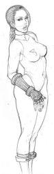 Rule 34 | 1girl, boots, braid, breasts, cammy white, capcom, covered erect nipples, covered navel, cropped legs, elbow gloves, fingerless gloves, fringe trim, gloves, graphite (medium), greyscale, leotard, lips, lm (legoman), long hair, monochrome, no headwear, sketch, socks, solo, street fighter, traditional media