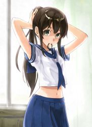 Rule 34 | 1girl, adjusting hair, armpit peek, arms behind head, arms up, ashiya hiro, backlighting, blue neckerchief, blue skirt, blush, brown hair, closed mouth, commentary request, cowboy shot, day, green eyes, hair tie, highres, indoors, lips, looking at viewer, mouth hold, navel, neckerchief, pleated skirt, ponytail, school uniform, serafuku, shirt, short sleeves, sidelocks, skirt, smile, solo, standing, stomach, sunlight, tareme, tying hair, white shirt, window