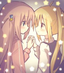 Rule 34 | 2girls, ahoge, blonde hair, blue eyes, blush, bocchi the rock!, closed mouth, commentary request, cube hair ornament, eye contact, gotoh hitori, hair ornament, highres, holding hands, ijichi nijika, interlocked fingers, long hair, long sleeves, looking at another, multiple girls, nekokawa21, one side up, pink hair, pink track suit, red eyes, school uniform, star (symbol), upper body, yuri