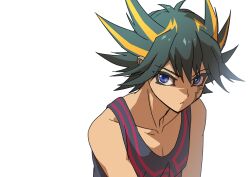 Rule 34 | 1boy, black hair, black tank top, blue eyes, collarbone, facial mark, facial tattoo, fudo yusei, highres, leaning, leaning forward, looking to the side, male focus, marking on cheek, multicolored hair, serious, short hair, simple background, slouching, solo, spiked hair, streaked hair, tank top, tattoo, white background, youko-shima, yu-gi-oh!, yu-gi-oh! 5d&#039;s
