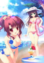 Rule 34 | 2girls, :d, bad id, bad pixiv id, beach, bikini, blue sky, blush, breasts, brown hair, cleavage, collarbone, day, fang, flower, green eyes, hat, hibiscus, highres, jpeg artifacts, kneeling, long hair, looking at viewer, medium breasts, mikeou, multiple girls, navel, open mouth, original, outdoors, ponytail, red eyes, red hair, short twintails, sky, smile, standing, striped bikini, striped clothes, sun hat, swimsuit, thigh gap, thighs, tree, twintails, water