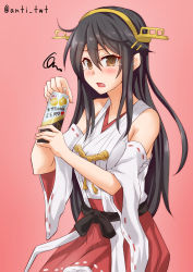 Rule 34 | 1girl, anti (untea9), bare shoulders, black hair, blush, brown eyes, can, commentary request, crying, detached sleeves, hair ornament, hairclip, haruna (kancolle), headgear, highres, holding, holding can, kantai collection, long hair, looking at viewer, nontraditional miko, open mouth, pink background, red skirt, simple background, skirt, solo, strong zero, twitter username