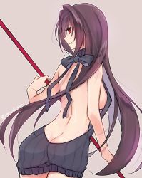 Rule 34 | 1girl, ass, back, breasts, covered erect nipples, fate/grand order, fate (series), gae bolg (fate), holding, holding weapon, large breasts, long hair, looking at viewer, looking back, meme attire, mom 29 mom, purple hair, red eyes, scathach (fate), scathach (fate), sideboob, smile, solo, virgin killer sweater, weapon