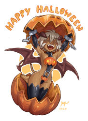 Rule 34 | 2020, artist logo, bare shoulders, barefoot, body markings, breasts, chain, closed eyes, collar, cuffs, dark-skinned female, dark skin, demon, demon girl, demon horns, demon tail, fangs, halloween, halloween costume, happy halloween, horns, jack-o&#039;-lantern, kneeling, leather, maxa&#039;, navel, open mouth, original, pointy ears, pumpkin, revealing clothes, shackles, shouting, small breasts, tail, thighhighs, white background, white hair, wings, xania (maxa&#039;)