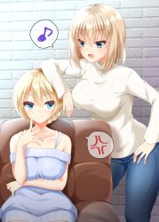 Rule 34 | 2girls, absurdres, aged up, anger vein, blonde hair, blue dress, blue eyes, blue pants, braid, breast hold, breasts, brick wall, casual, closed mouth, commentary, couch, darjeeling (girls und panzer), denim, dress, eighth note, elbow on another&#039;s head, fang, finger to face, girls und panzer, half-closed eyes, hand on own hip, highres, jeans, katyusha (girls und panzer), large breasts, leaning forward, long sleeves, looking at another, multiple girls, musical note, on couch, open mouth, pants, ribbed shirt, ryochapu, shirt, short hair, sitting, smile, spaghetti strap, spoken anger vein, spoken musical note, standing, sweatdrop, turtleneck, twin braids, white shirt