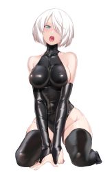 Rule 34 | 1girl, aqua eyes, bare shoulders, black thighhighs, breasts, commentary request, full body, hair over one eye, highres, large breasts, latex, latex leotard, leotard, looking at viewer, mole, mole under mouth, nier (series), nier:automata, open mouth, saliva, short hair, simple background, solo, spider apple, teeth, thighhighs, tongue, tongue out, upper teeth only, white background, white hair, 2b (nier:automata), zipper