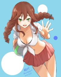 Rule 34 | 1girl, ball, beachball, bikini, bikini under clothes, black bikini, blue background, braid, breasts, brown hair, cleavage, commentary request, cowboy shot, dress, green eyes, highres, kantai collection, large breasts, leaning forward, long hair, noshiro (kancolle), one-hour drawing challenge, pleated dress, red skirt, shirt, skirt, solo, swept bangs, swimsuit, swimsuit under clothes, tied shirt, twin braids, umibudou