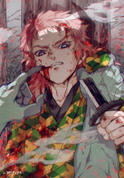 Rule 34 | 1boy, aged down, bleeding, blood, blood on clothes, blood on face, blood on hands, broken, broken sword, broken weapon, clenched teeth, clothes grab, colored skin, demon, fingernails, fog, grey skin, hand up, highres, holding, holding sword, holding weapon, horizontal pupils, japanese clothes, katana, kimetsu no yaiba, kimono, looking at another, looking at viewer, male focus, medium hair, out of frame, pink hair, pov, pov hands, print kimono, purple eyes, restrained, sabito (kimetsu), sashiyu, scratching, shadow, sharp fingernails, signature, size difference, solo focus, sweat, sword, teeth, torn clothes, two-tone kimono, unsheathed, upper body, veins, veiny arms, veiny hands, weapon