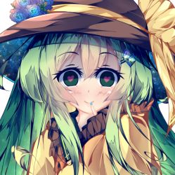 Rule 34 | 1girl, alternate hair length, alternate hairstyle, black hat, blue flower, blue rose, closed mouth, fant, finger to mouth, flower, green eyes, green hair, green nails, hat, hat flower, hat ribbon, heart, heart-shaped pupils, komeiji koishi, long hair, looking at viewer, nail polish, ribbon, rose, simple background, smile, solo, symbol-shaped pupils, touhou, upper body, white background, yellow ribbon