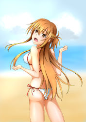 Rule 34 | 1girl, absurdres, artist request, ass, asuna (sao), bare shoulders, bikini, blush, breasts, brown eyes, brown hair, from behind, half updo, highres, large breasts, long hair, looking at viewer, looking back, open mouth, shiny skin, sideboob, solo, swimsuit, sword art online, very long hair