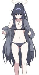 Rule 34 | 1girl, bikini, black bikini, black eyes, blue archive, blue hairband, breasts, cardigan, collarbone, commentary request, grey cardigan, hairband, halo, jewelry, kikunosukemaru, long hair, medium breasts, necklace, o-ring, o-ring bikini, o-ring bottom, o-ring top, official alternate costume, open cardigan, open clothes, simple background, solo, standing, swimsuit, ui (blue archive), ui (swimsuit) (blue archive), very long hair, white background