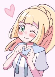 Rule 34 | 1girl, blonde hair, blunt bangs, blush stickers, closed mouth, commentary, creatures (company), eyelashes, game freak, green eyes, heart, heart hands, highres, lillie (pokemon), long hair, looking at viewer, miin (toukotouya), nintendo, one eye closed, pokemon, pokemon sm, shirt, short sleeves, smile, solo, upper body, white shirt